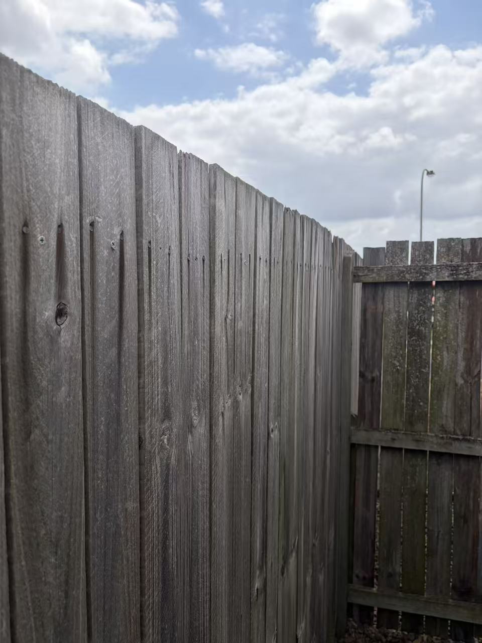 Weathered fence boards and visible screw fixings