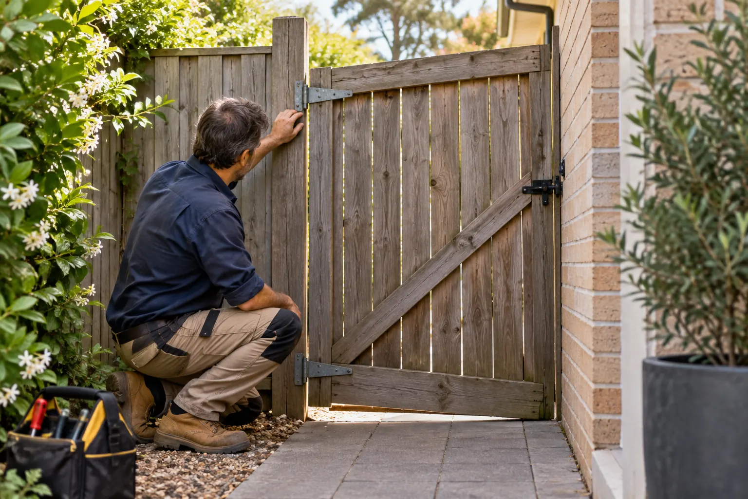 Carpenter adjusting a timber side gate